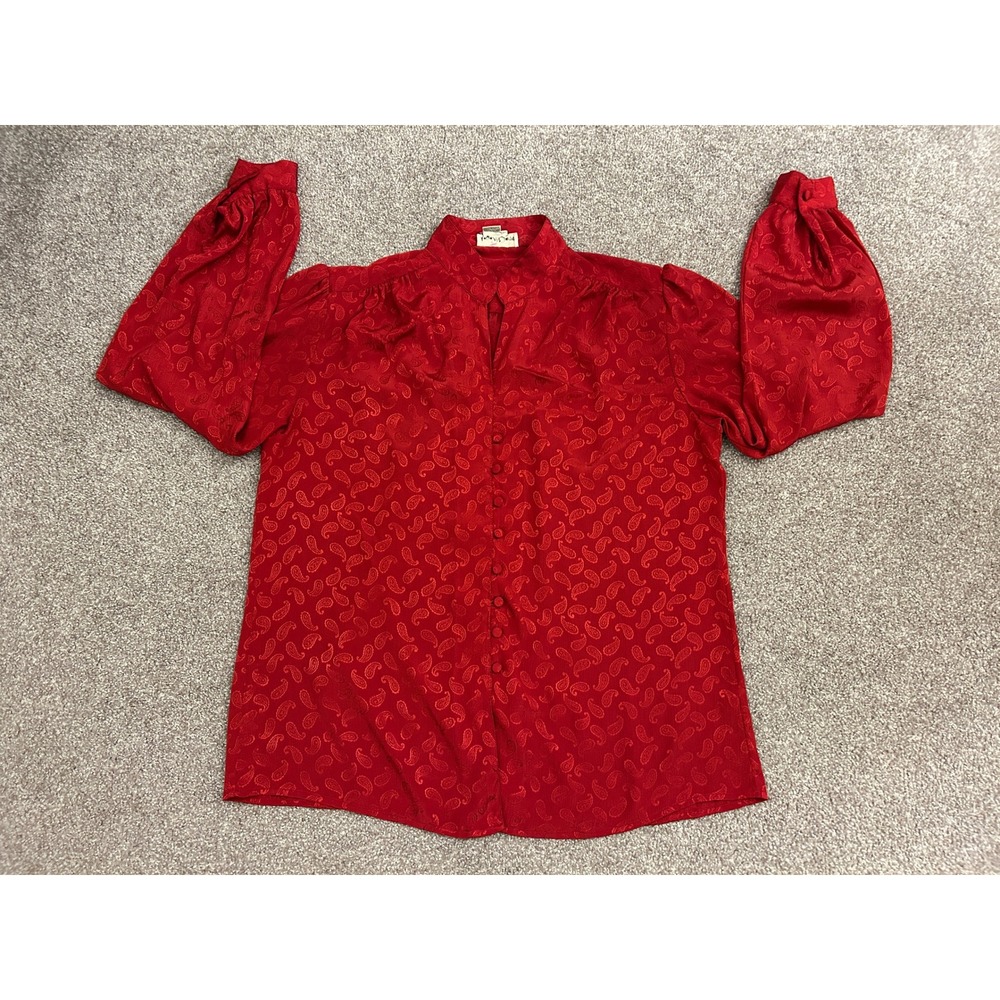 Lloyd Williams Blouse Womens 12 Red Excellent Paisley Jacquard Button Up Vintage